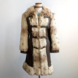 Vintage Cheetah Faux Fur Afghan Coat Leather Penny Lane Shaggy Trench Jacket